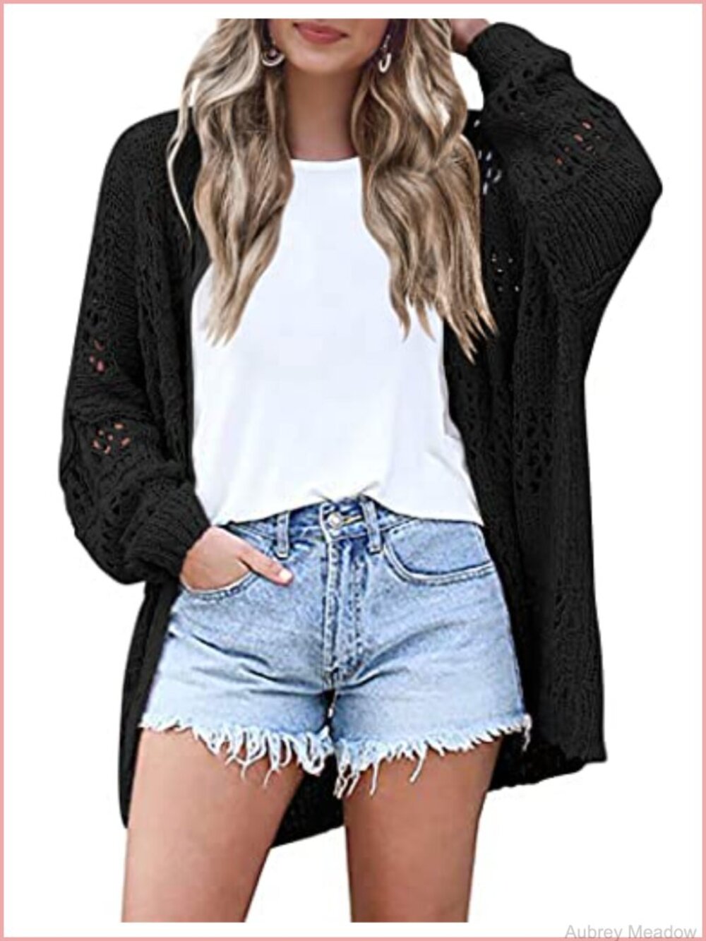 Lightweight Crochet Knit Cardigan Sweater Batwing Sleeve Open Front Boho